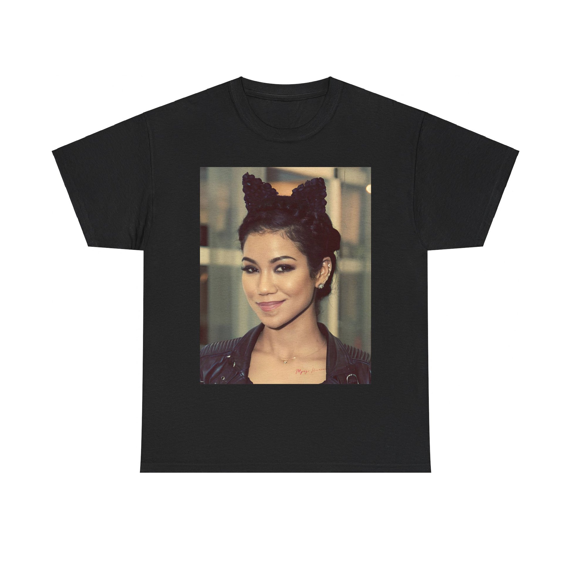 A black graphic t-shirt featuring a graphic of Jhene Aiko with a cool Los Angeles soul hip hop aesthetic.