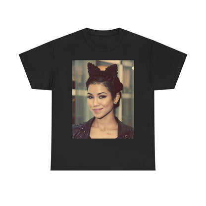 A black graphic t-shirt featuring a graphic of Jhene Aiko with a cool Los Angeles soul hip hop aesthetic.