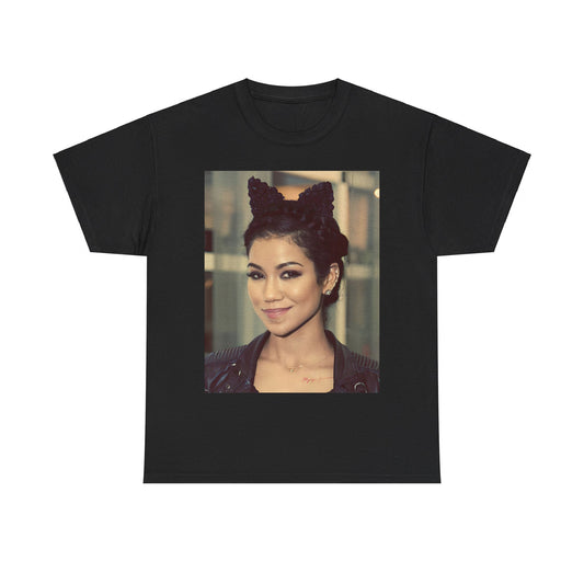 A black graphic t-shirt featuring a graphic of Jhene Aiko with a cool Los Angeles soul hip hop aesthetic.