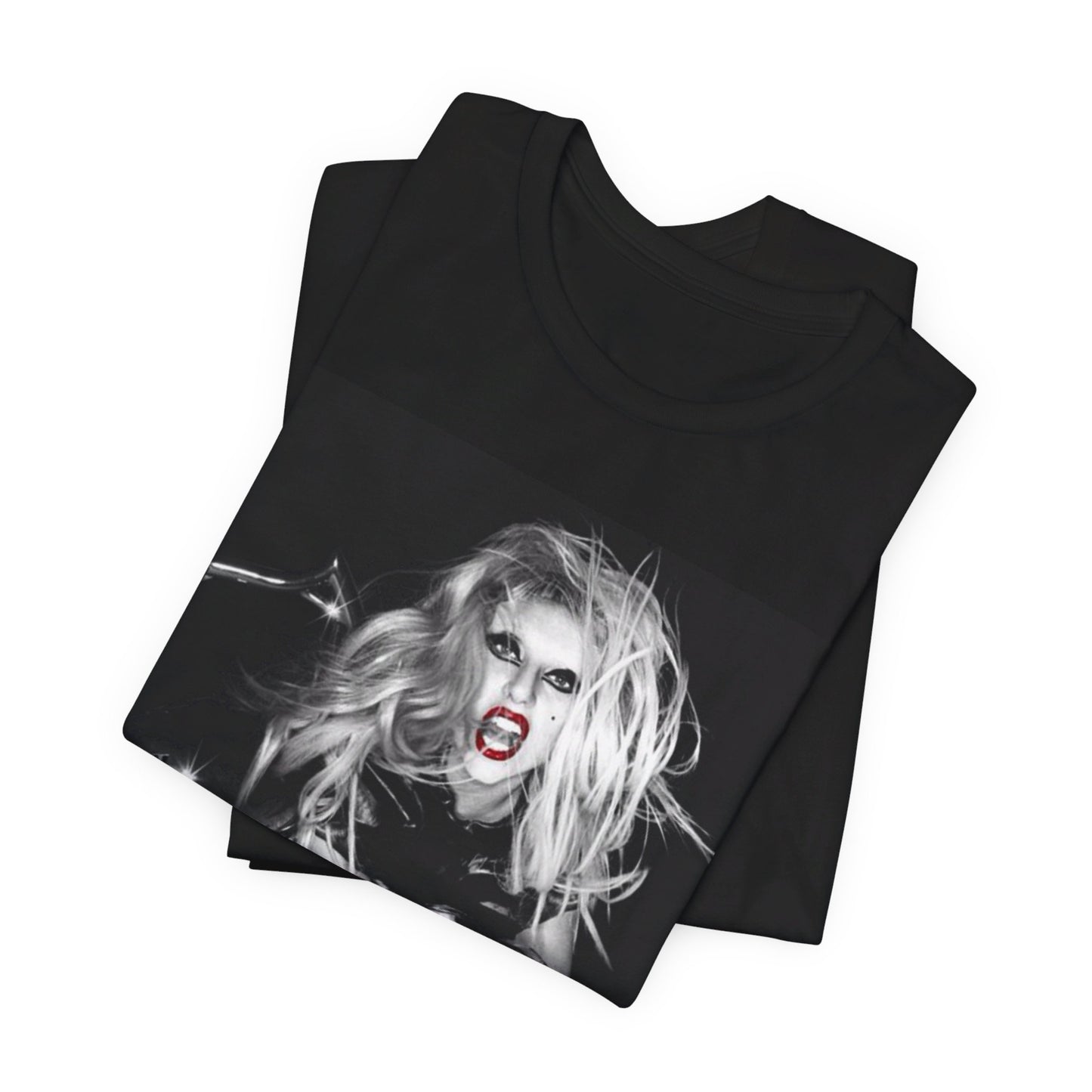 A black graphic t-shirt featuring a vintage black and white pop icon graphic of Lady Gaga.