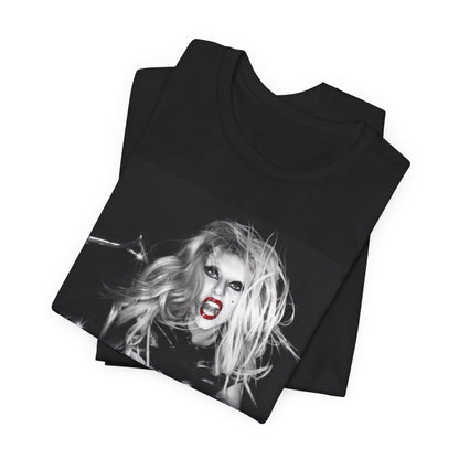 A black graphic t-shirt featuring a vintage black and white pop icon graphic of Lady Gaga.