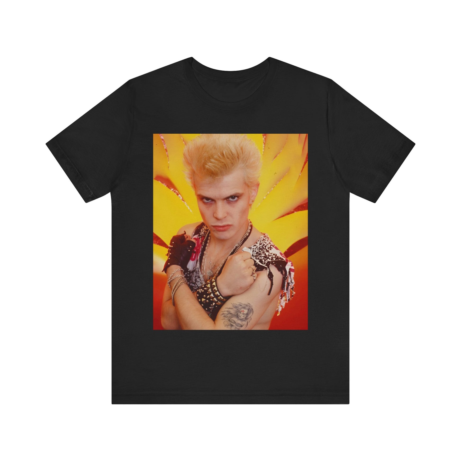 A black graphic t-shirt featuring an 80s old-school merchandise-style graphic of Billy Idol, possibly with stylized text or imagery.