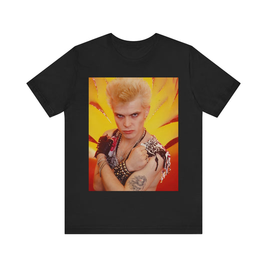 A black graphic t-shirt featuring an 80s old-school merchandise-style graphic of Billy Idol, possibly with stylized text or imagery.