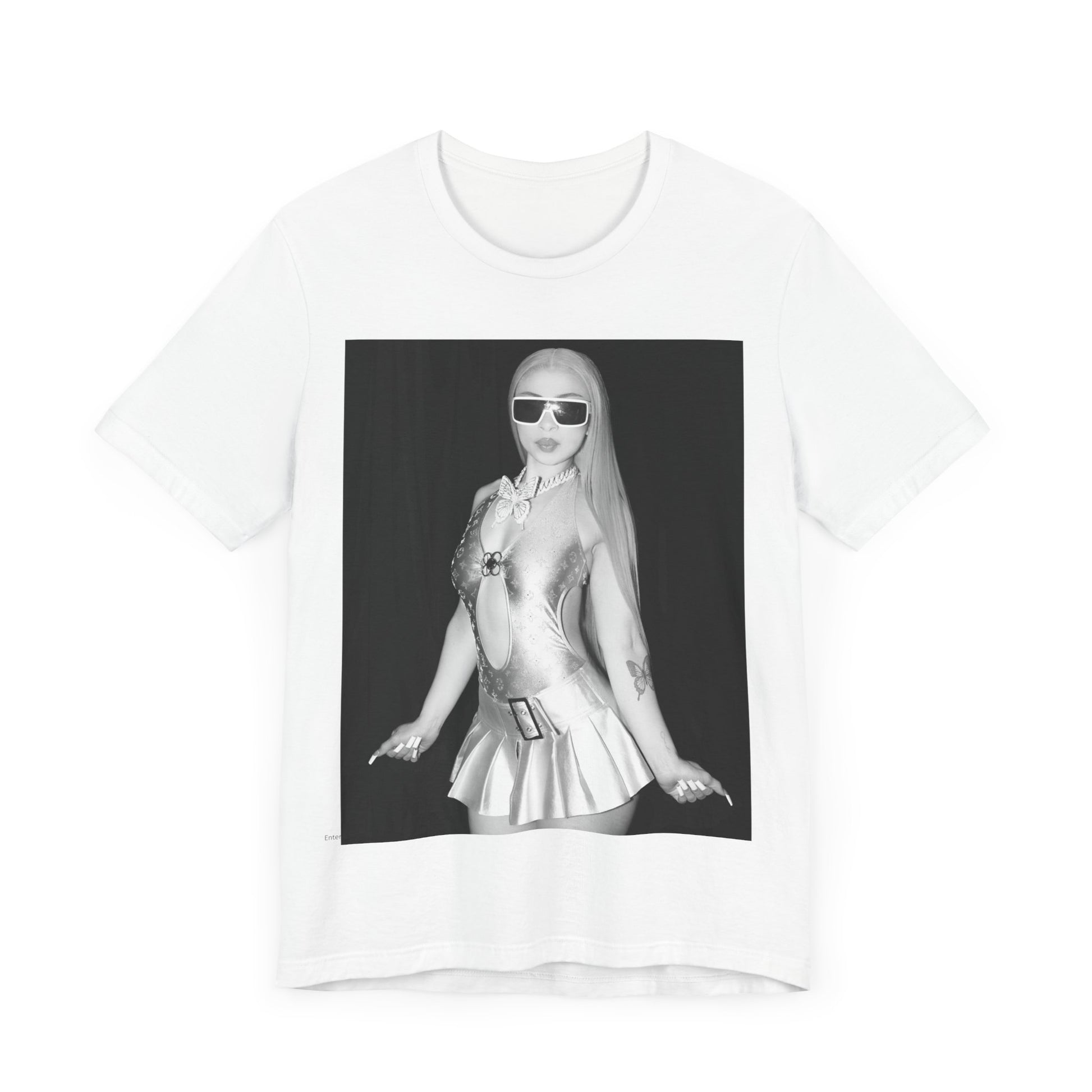A black graphic t-shirt featuring a black and white graphic or photo of Ice Spice in a backstage setting.