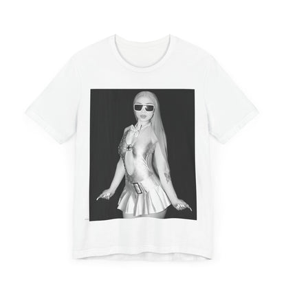 A black graphic t-shirt featuring a black and white graphic or photo of Ice Spice in a backstage setting.