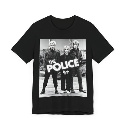 A black graphic t-shirt featuring an 80s pop rock aesthetic black and white graphic of The Police.