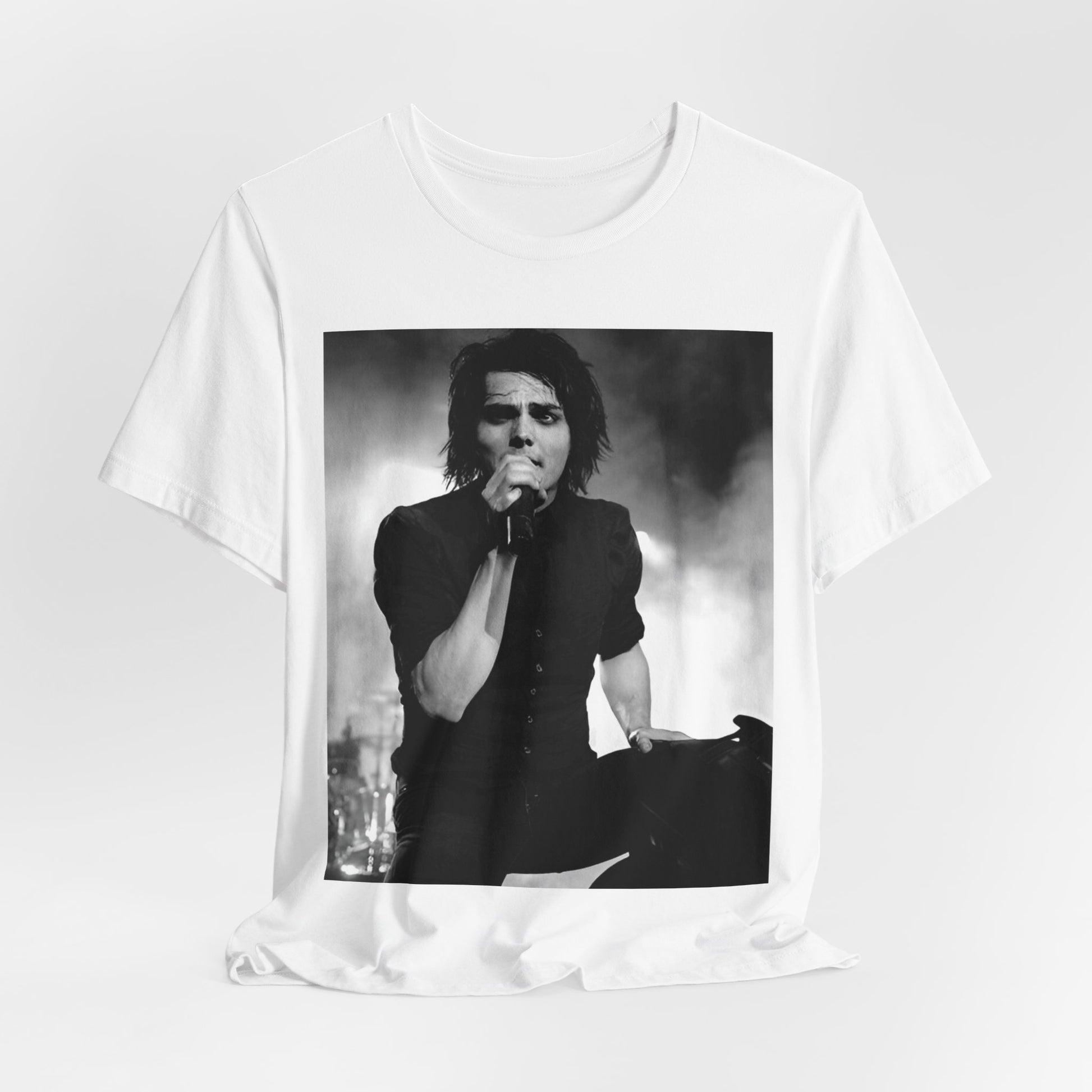A black graphic t-shirt featuring a black and white graphic or photo of My Chemical Romance performing live in concert.
