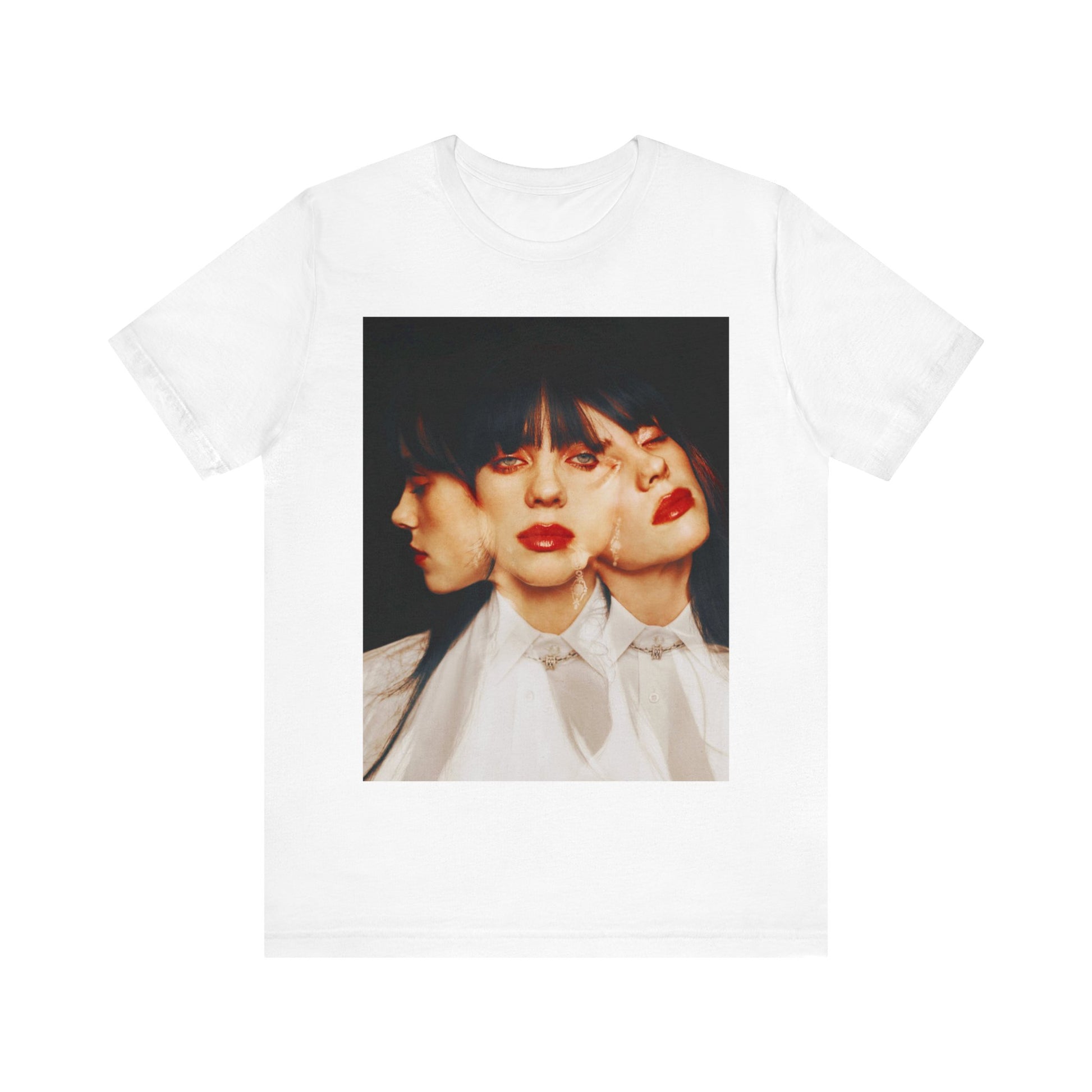 A classic, glamorous portrait of Billie Eilish as a pop star, with blonde hair and a confident gaze, printed on a t-shirt.
