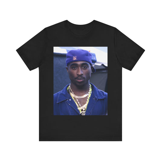 A black graphic t-shirt featuring a graphic related to Tupac's 'California Love' song or era.