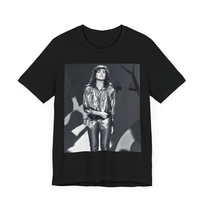 A black graphic t-shirt featuring a graphic of Laura Branigan emphasizing her timeless voice.