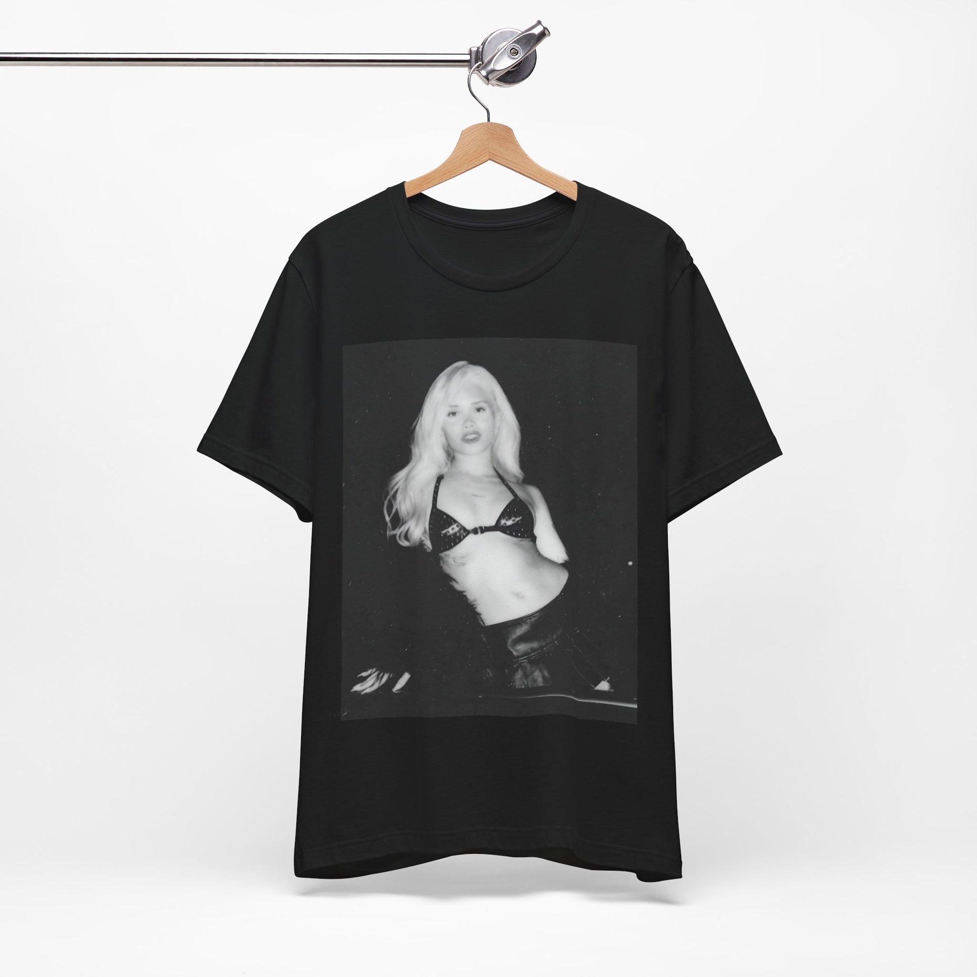 A black graphic t-shirt featuring a black and white portrait photo of Nessa Barrett.
