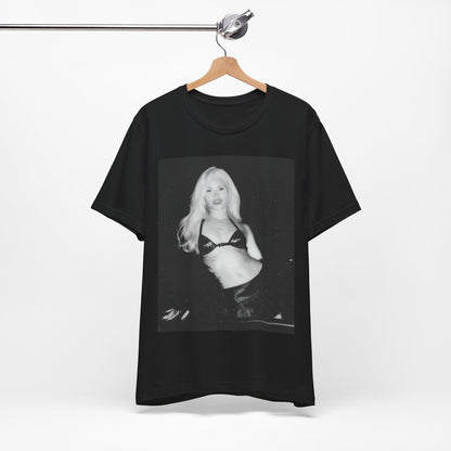 A black graphic t-shirt featuring a black and white portrait photo of Nessa Barrett.