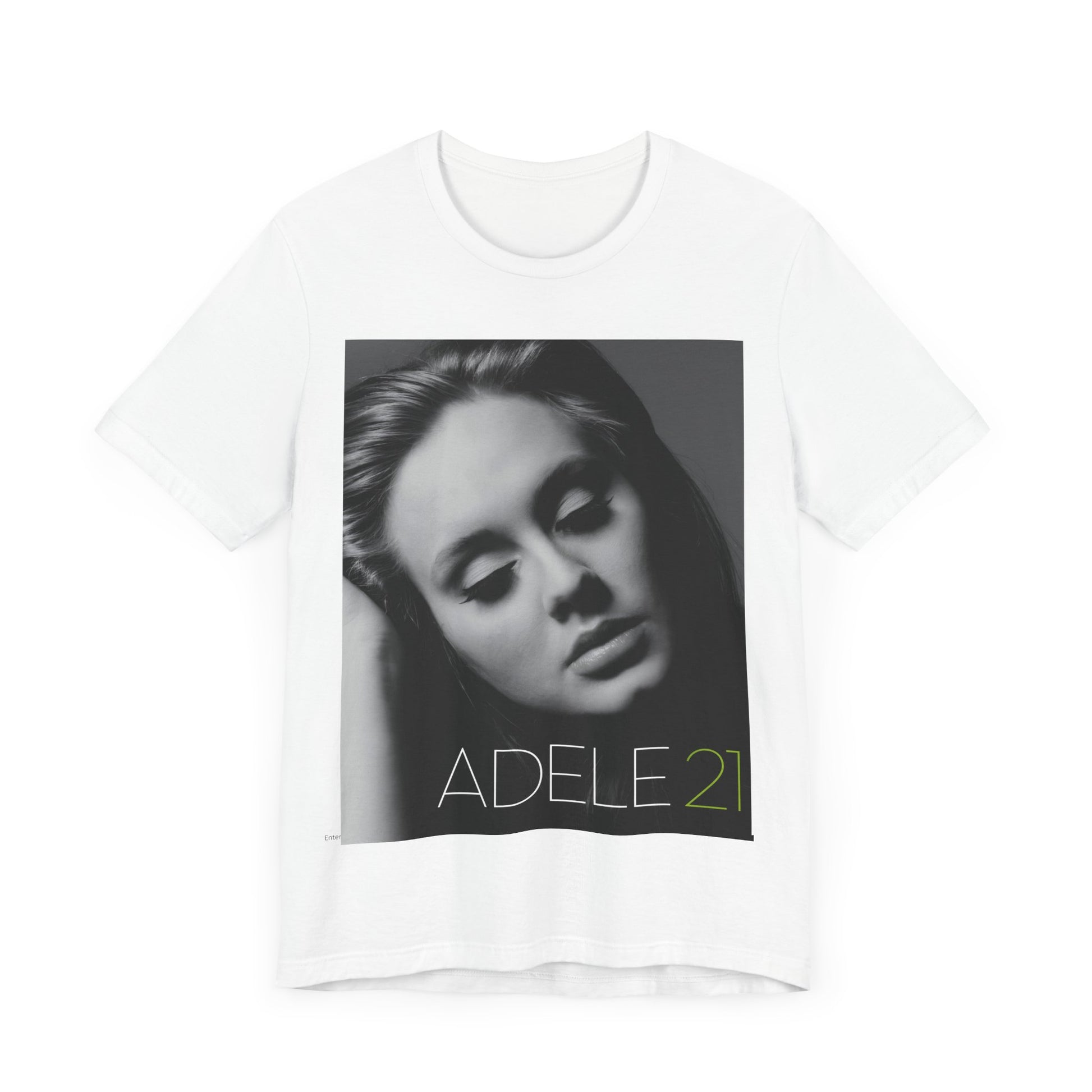 A black graphic t-shirt featuring the album cover art for Adele's '21' album, showing a close-up portrait of her with a contemplative expression.