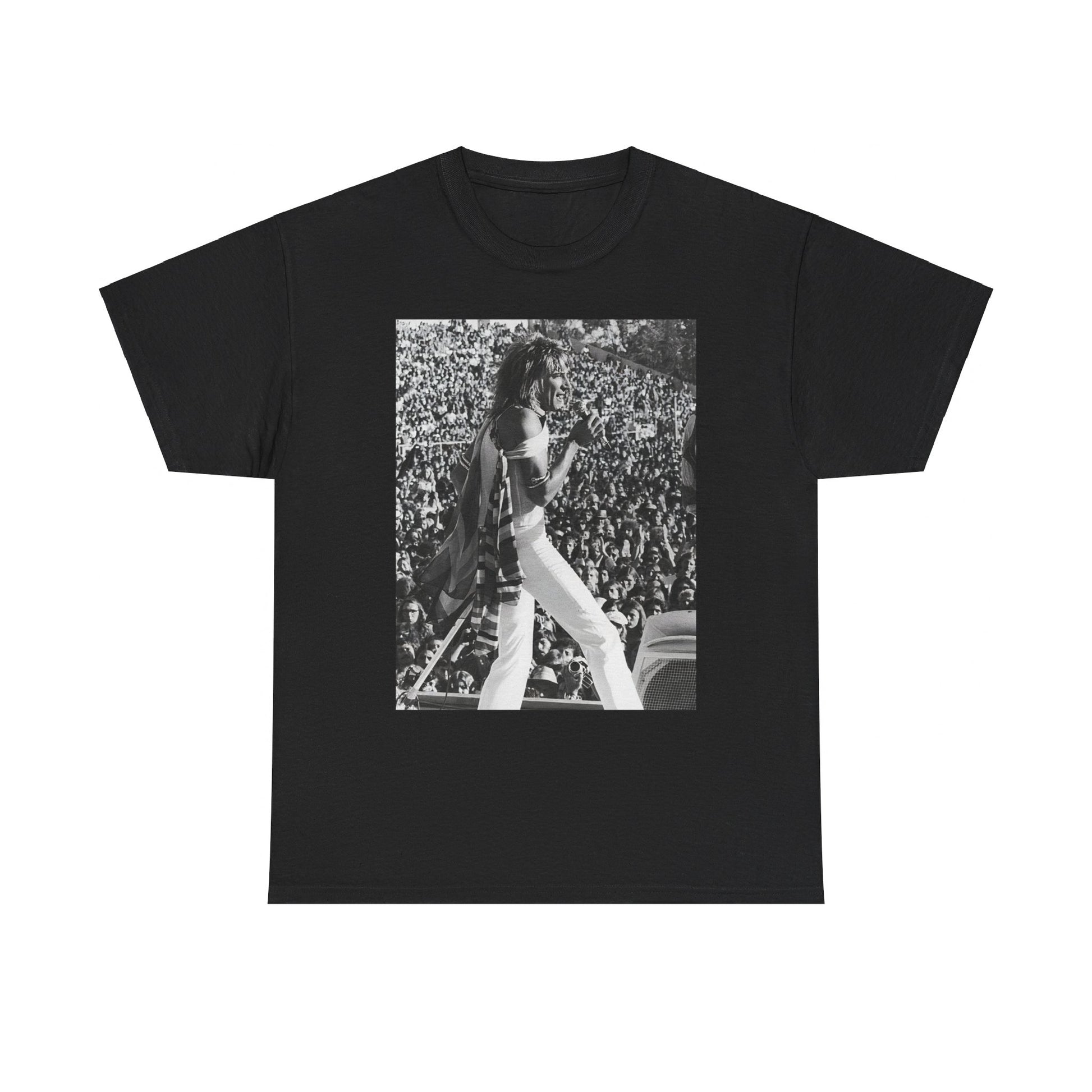 A black graphic t-shirt featuring a 70s on stage concert graphic of Rod Stewart.