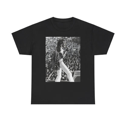 A black graphic t-shirt featuring a 70s on stage concert graphic of Rod Stewart.