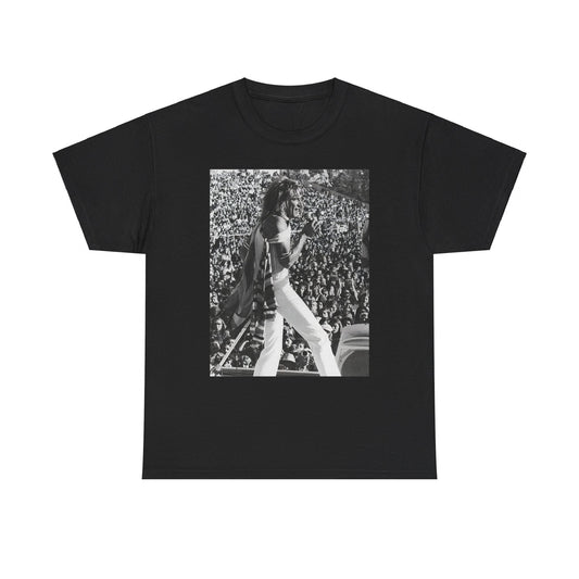 A black graphic t-shirt featuring a 70s on stage concert graphic of Rod Stewart.