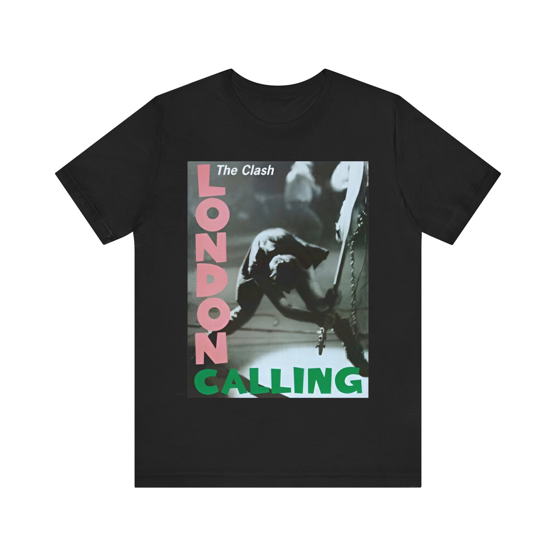 A black graphic t-shirt featuring the album cover art for The Clash's 'London Calling'.