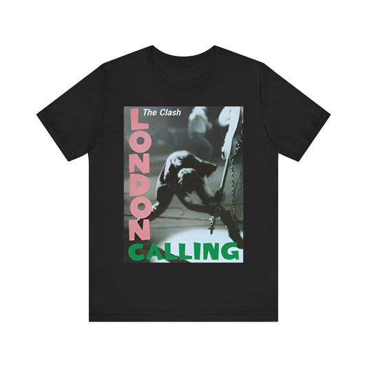A black graphic t-shirt featuring the album cover art for The Clash's 'London Calling'.