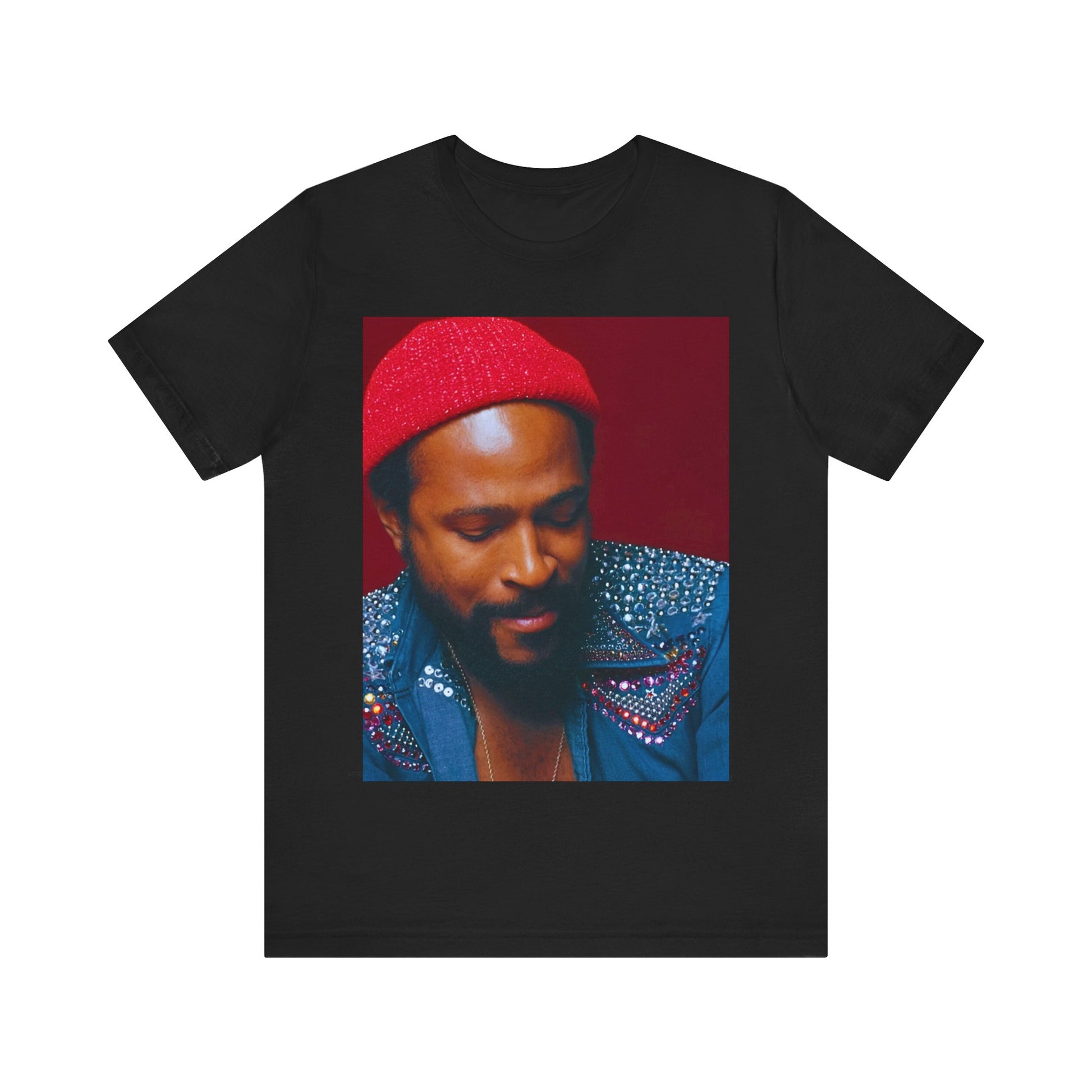 A black graphic t-shirt featuring a graphic related to Marvin Gaye's 'What's Going On' album era.