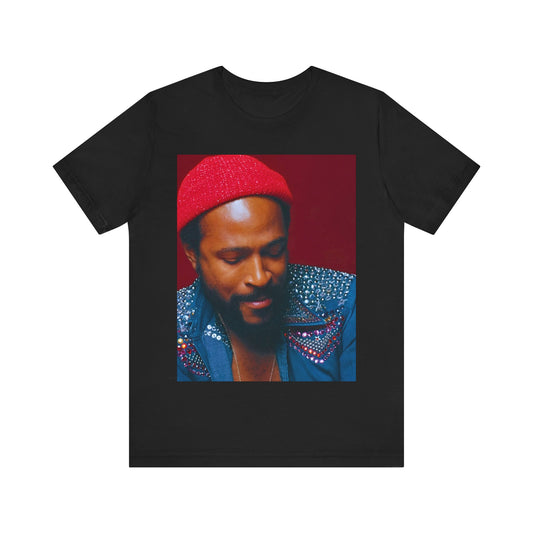A black graphic t-shirt featuring a graphic related to Marvin Gaye's 'What's Going On' album era.