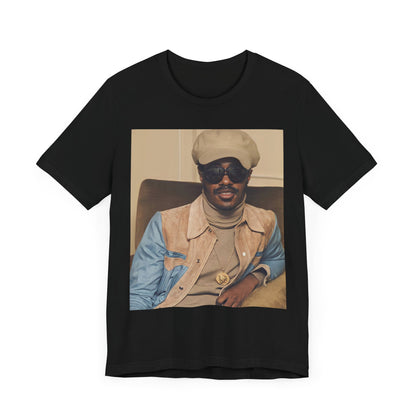 A black graphic t-shirt featuring a retro graphic related to Stevie Wonder's 'Songs in the Key of Life' album era.