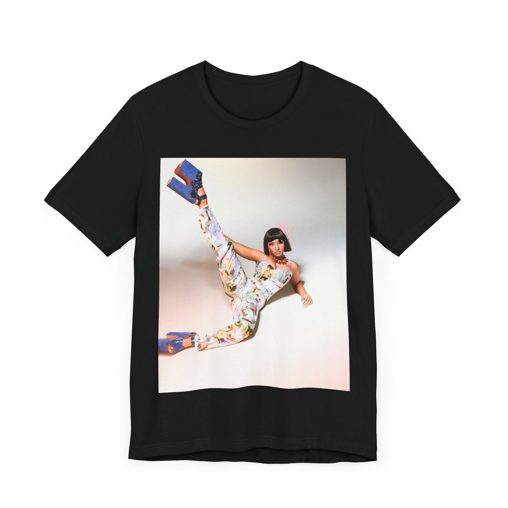 A black graphic t-shirt featuring a graphic of Nicki Minaj as a global fashion rap queen.