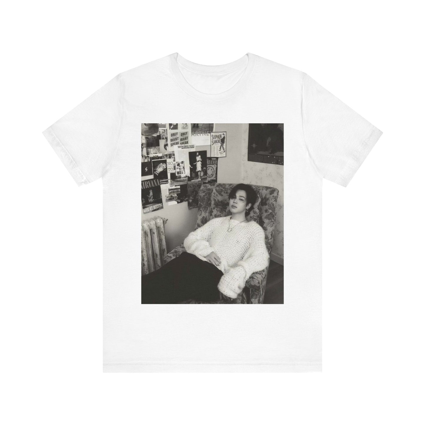 A black graphic t-shirt featuring a black and white portrait photo of Jimin.