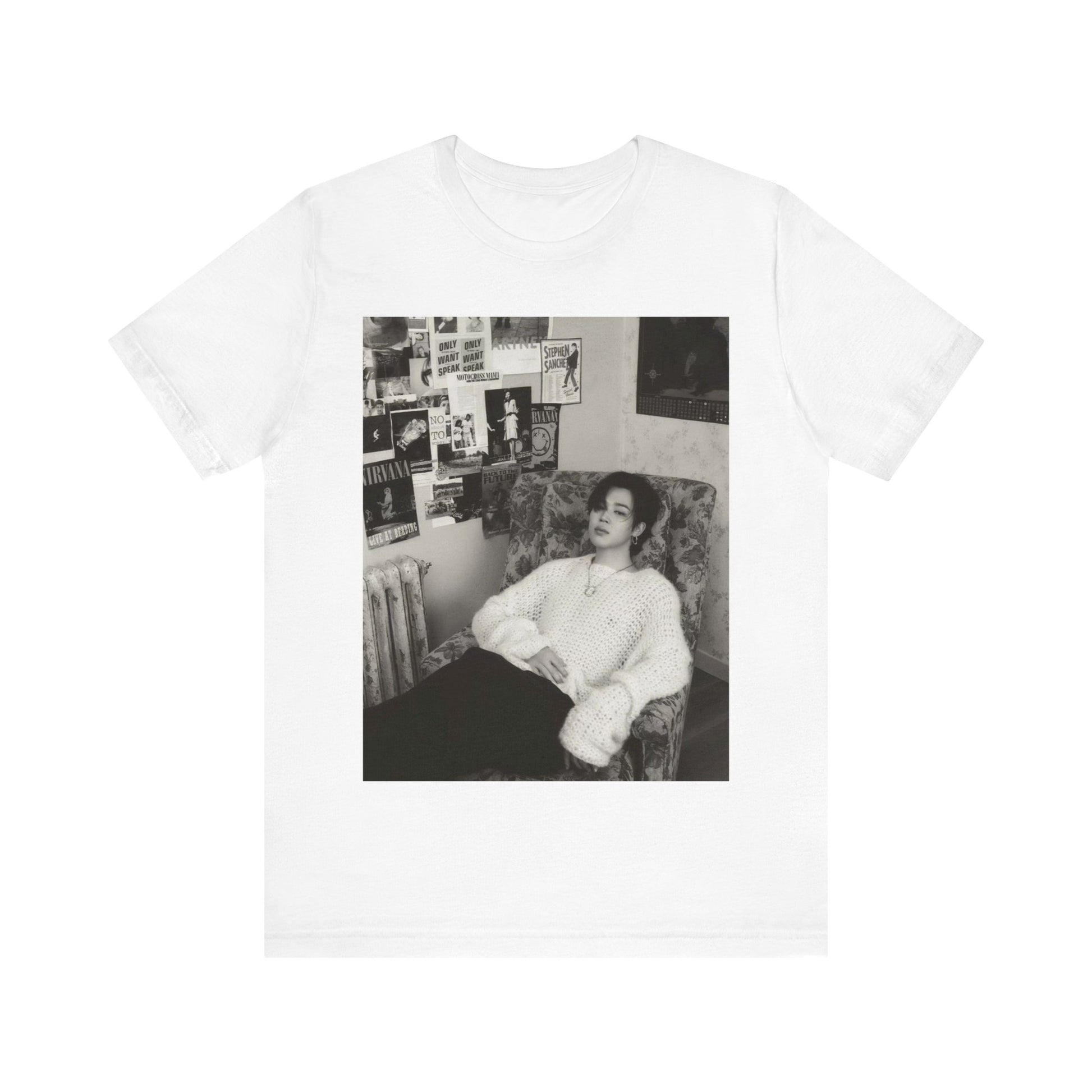A black graphic t-shirt featuring a black and white portrait photo of Jimin.