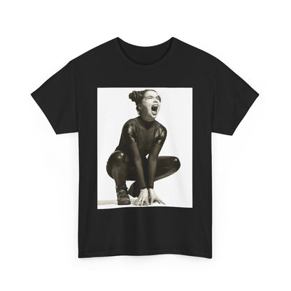 A black graphic t-shirt featuring a 90s black and white graphic of Bjork with a rebellious or edgy pose.