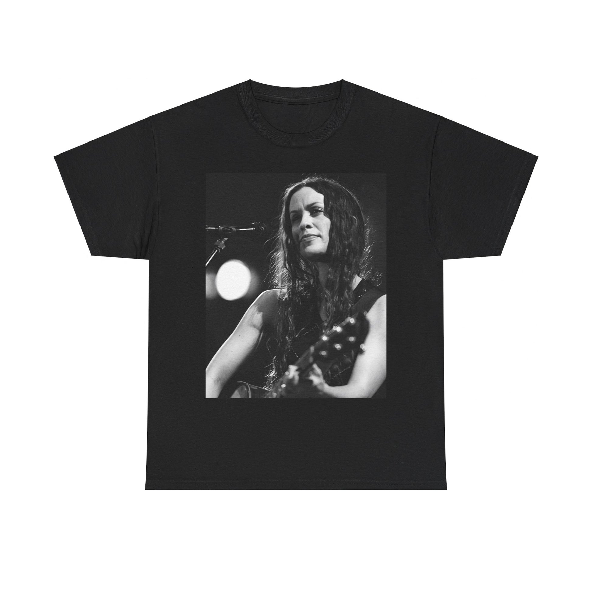 A black graphic t-shirt featuring a 90s-style graphic of Alanis Morissette playing a guitar, with a dynamic expression.