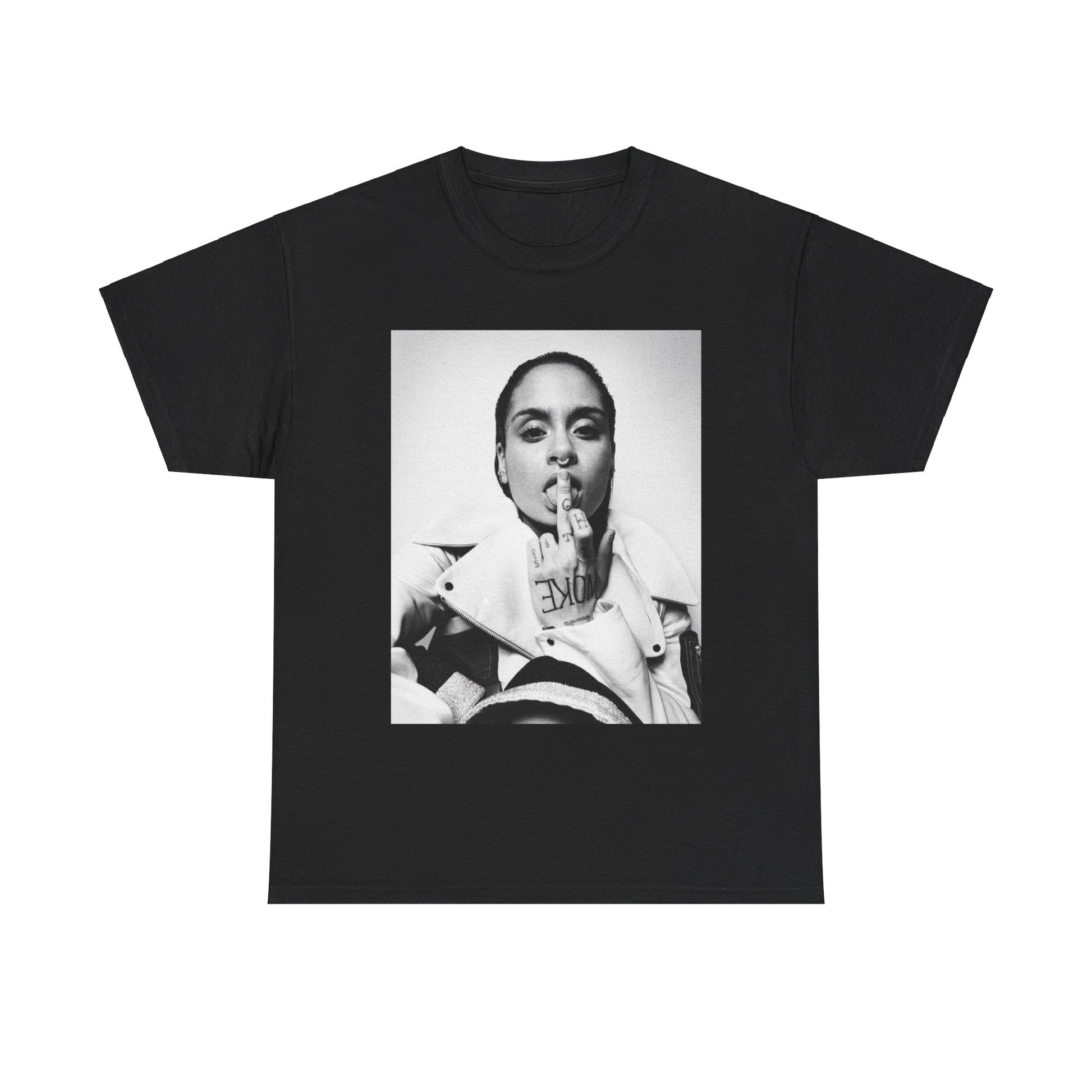 A black graphic t-shirt featuring a soulful indie pop graphic of Kehlani.
