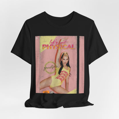 A black graphic t-shirt featuring a vintage graphic inspired by Dua Lipa's "Physical" song.