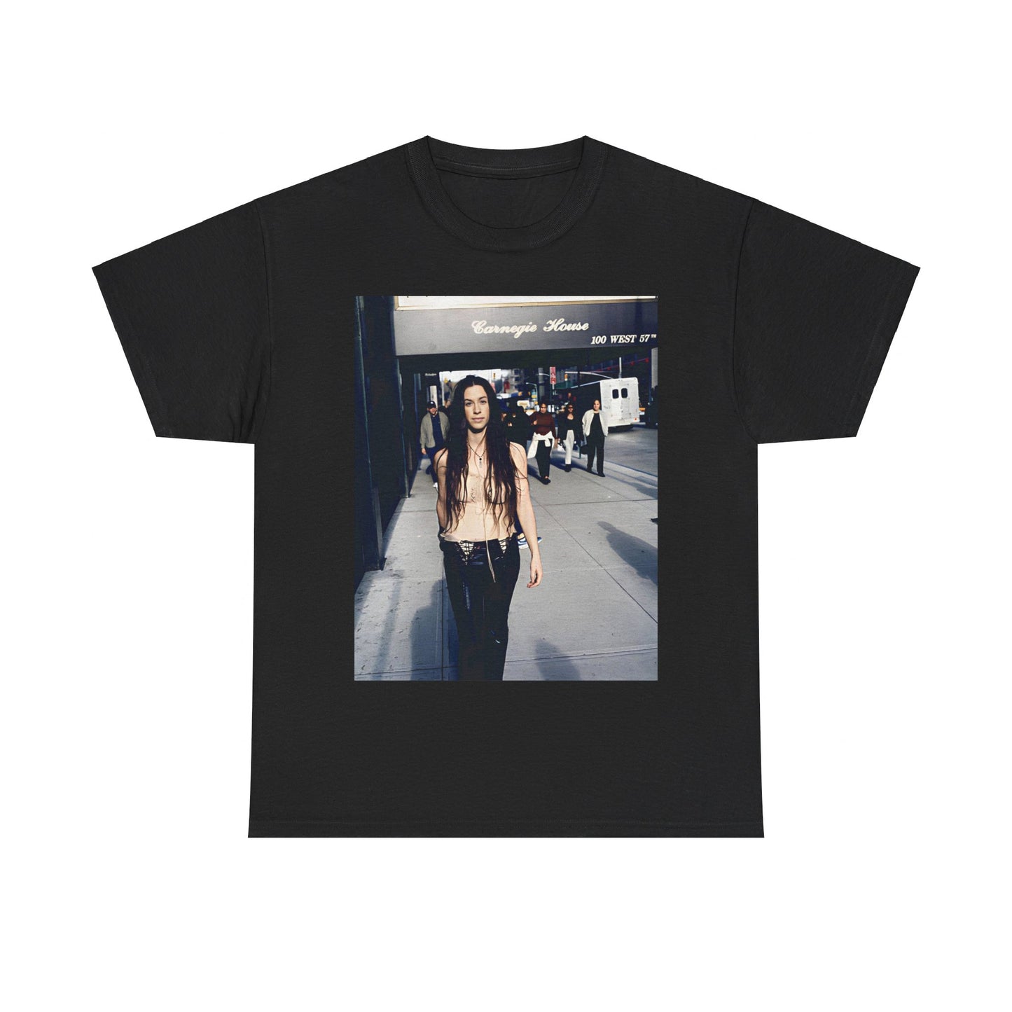 A black graphic t-shirt featuring a 90s-style graphic of Alanis Morissette with New York City elements or skyline in the background.