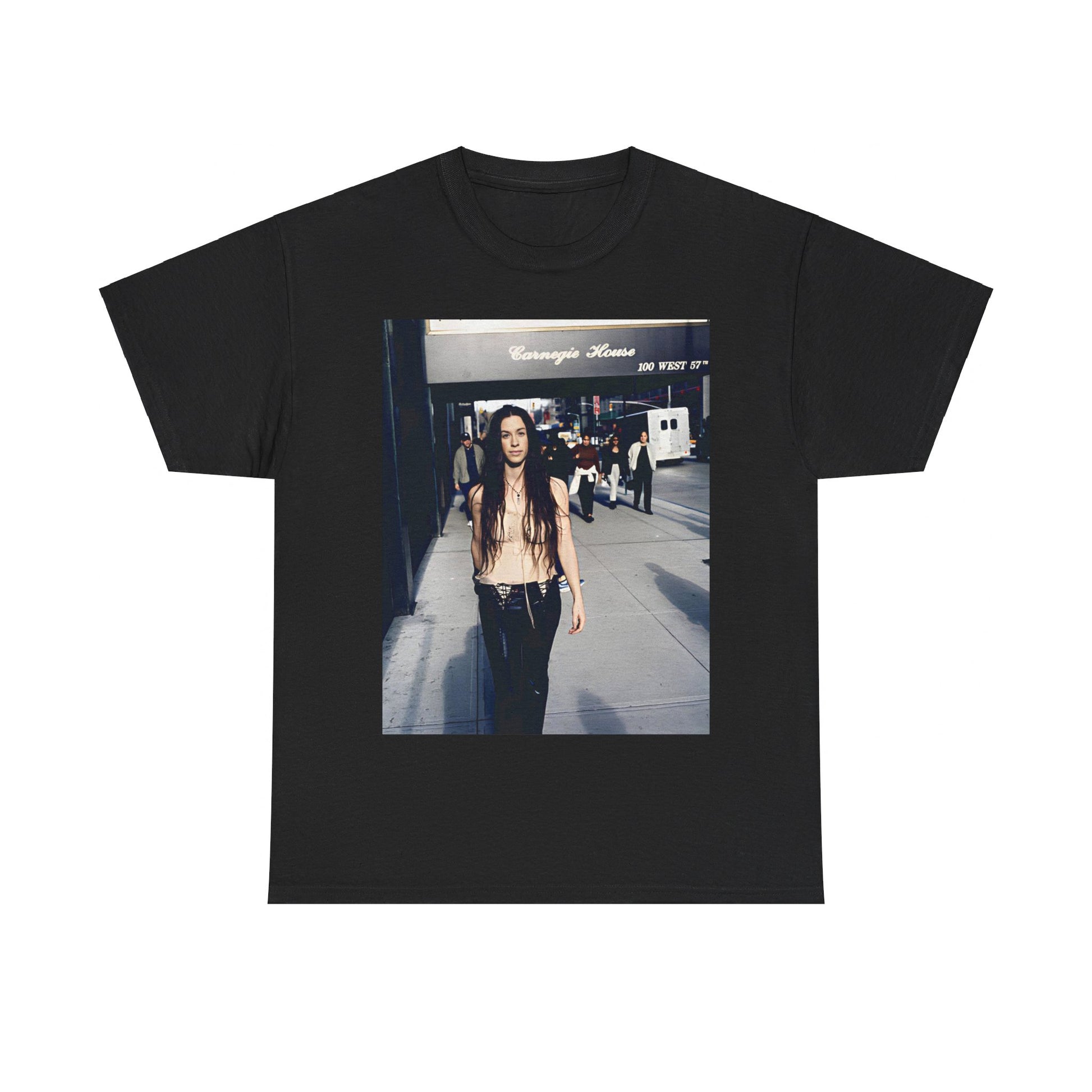 A black graphic t-shirt featuring a 90s-style graphic of Alanis Morissette with New York City elements or skyline in the background.