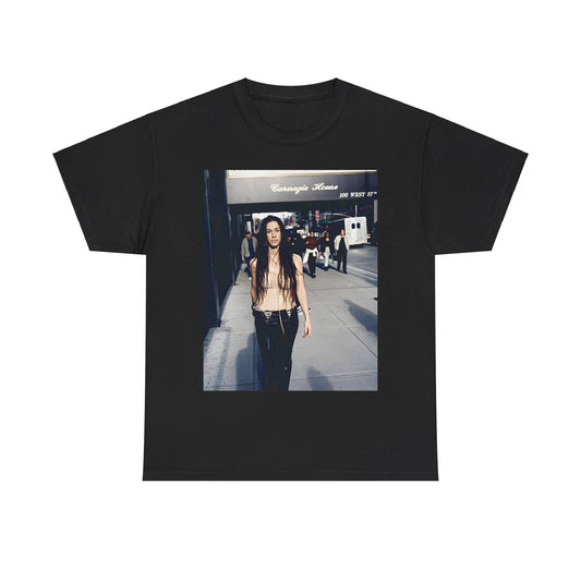 A black graphic t-shirt featuring a 90s-style graphic of Alanis Morissette with New York City elements or skyline in the background.