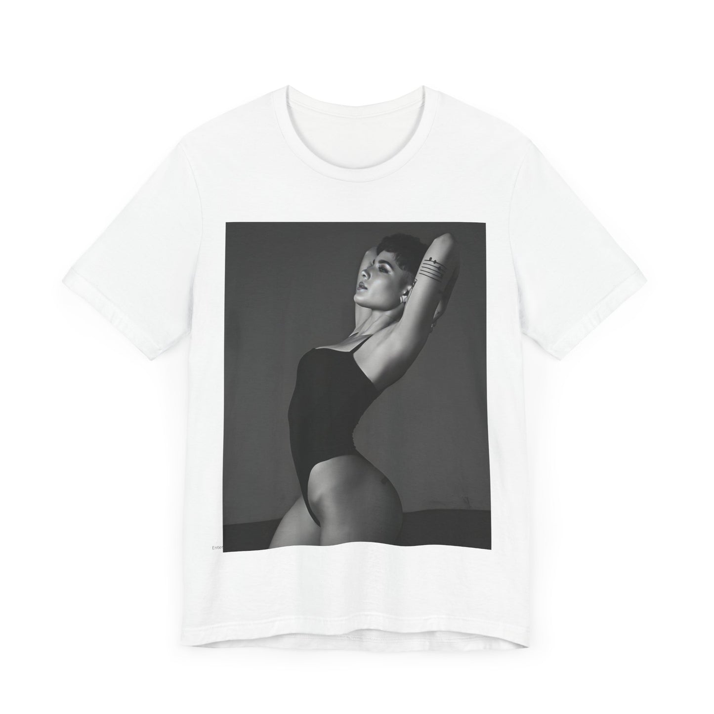 A black graphic t-shirt featuring a black and white, monochrome graphic or photo of Halsey.
