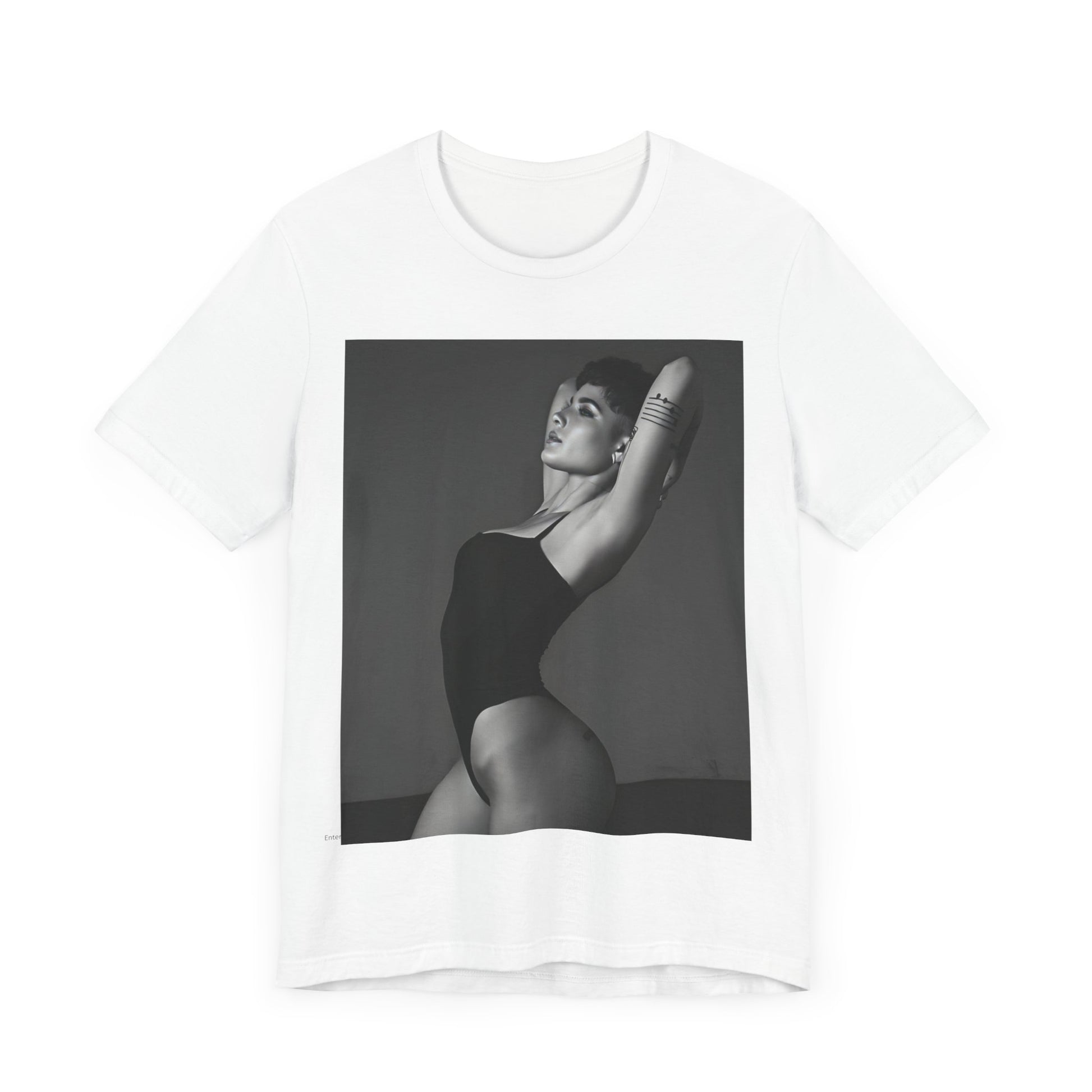 A black graphic t-shirt featuring a black and white, monochrome graphic or photo of Halsey.