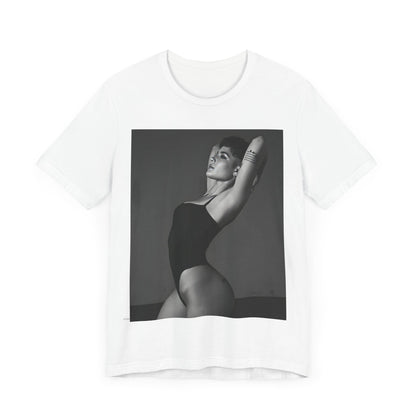 A black graphic t-shirt featuring a black and white, monochrome graphic or photo of Halsey.