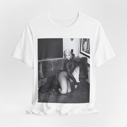 A black graphic t-shirt featuring a fierce black and white glamour graphic of Nicki Minaj.