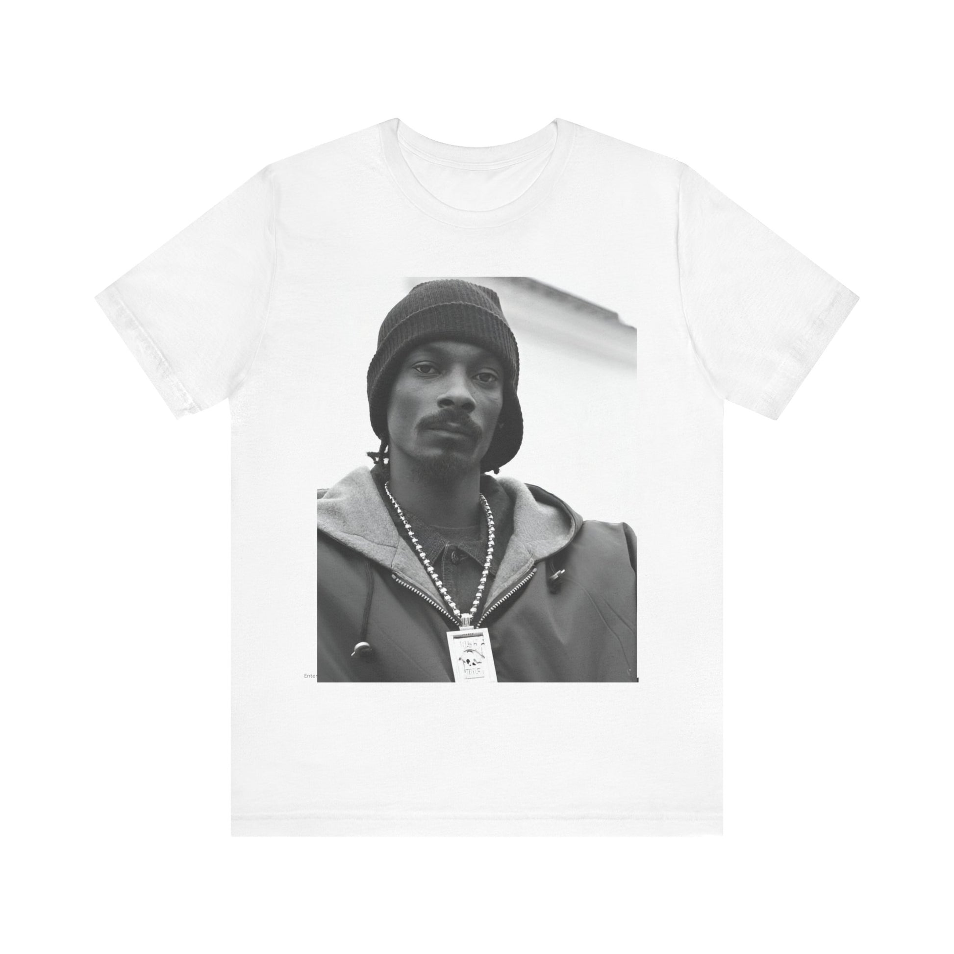 A black graphic t-shirt featuring a black and white, monochrome graphic of Snoop Dogg with an OG cool vibe.