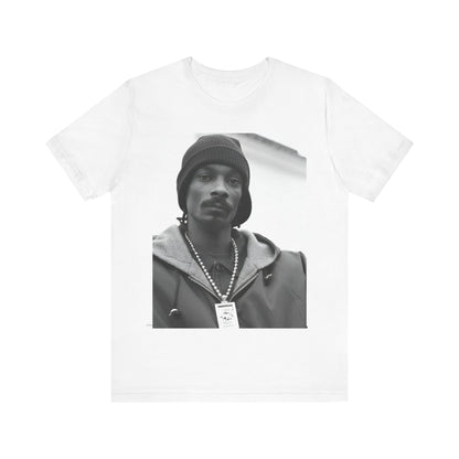 A black graphic t-shirt featuring a black and white, monochrome graphic of Snoop Dogg with an OG cool vibe.