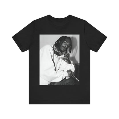 A black graphic t-shirt featuring a black and white hip hop graphic or photo of Snoop Dogg.