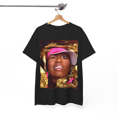 A black graphic t-shirt featuring a graphic related to Missy Elliott's 90s rap music video visionary style.