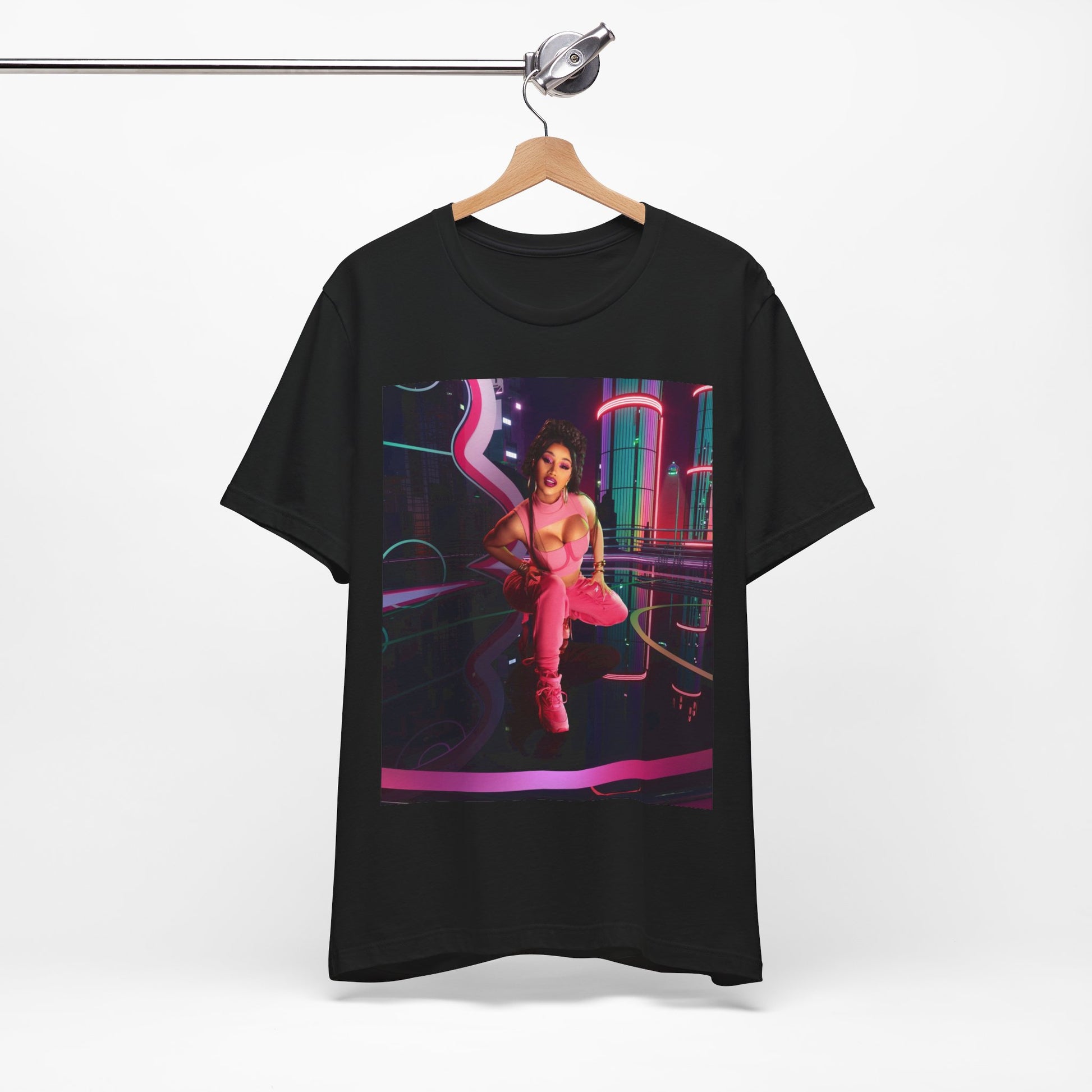 A black graphic t-shirt featuring a graphic related to Cardi B's "WAP" song or era.