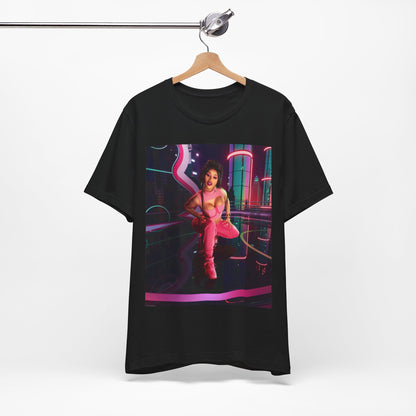 A black graphic t-shirt featuring a graphic related to Cardi B's "WAP" song or era.