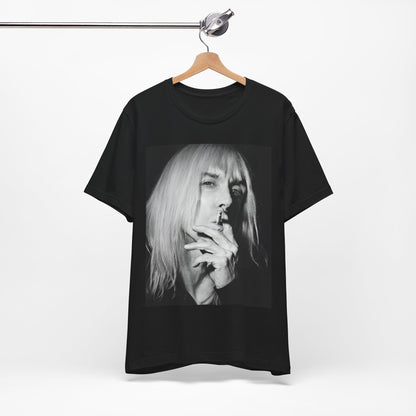 A black graphic t-shirt featuring a black and white graphic or photo of Iggy Pop holding a cigar.