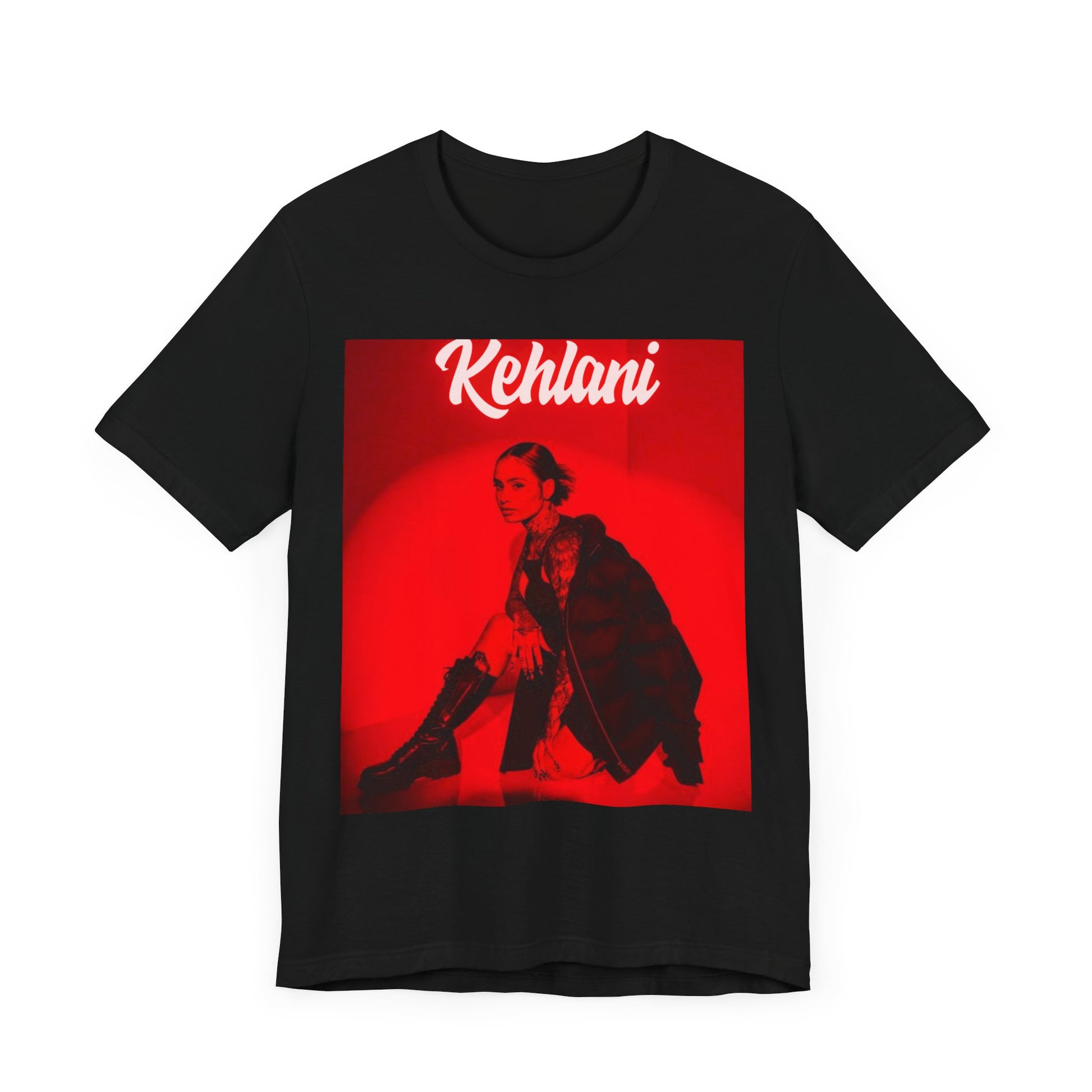 A black graphic t-shirt featuring a photo of Kehlani with a prominent red aesthetic or red lighting.