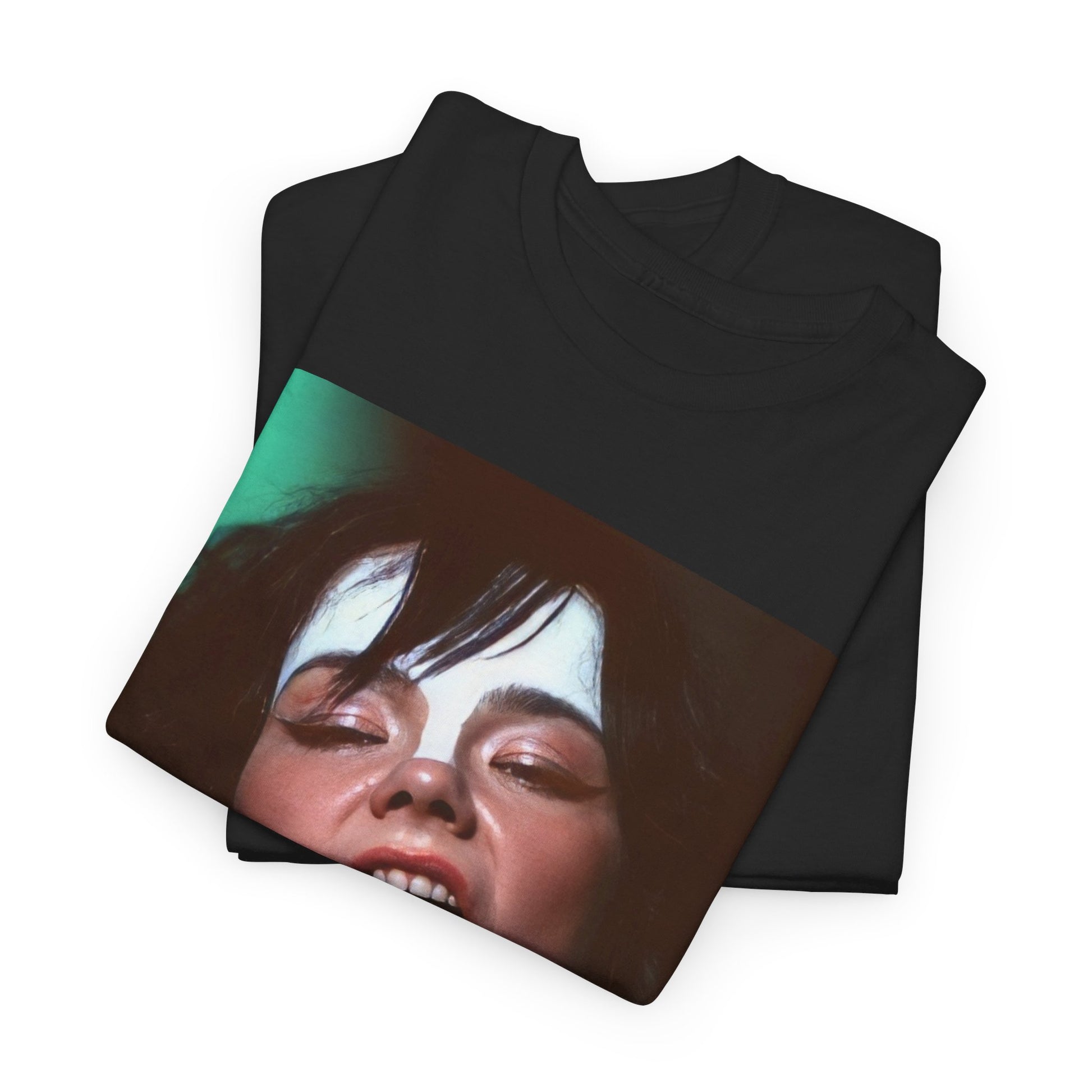 A black graphic t-shirt featuring a graphic of Bjork showcasing her bold and experimental fashion from the 1990s.