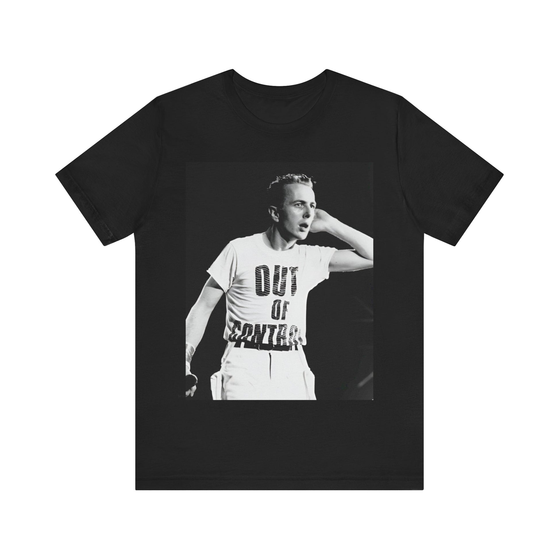 A black graphic t-shirt featuring a black and white graphic or photo portrait of Joe Strummer from The Clash.