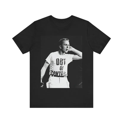 A black graphic t-shirt featuring a black and white graphic or photo portrait of Joe Strummer from The Clash.